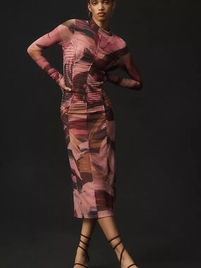 By Anthropologie Long-Sleeve Printed Mesh Midi Dress Pink Size Small
